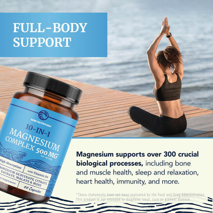 10 in 1 Magnesium Complex Supplement 500MG | Magnesium Citrate, Mag Glycinate, Malate & More | High Absorption Mag Complex with Vitamin B6 | Bone, Muscle & Heart Health Support | Non-GMO | 60 Ct. - dailyvitalstore
