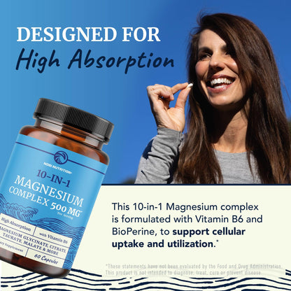 10 in 1 Magnesium Complex Supplement 500MG | Magnesium Citrate, Mag Glycinate, Malate & More | High Absorption Mag Complex with Vitamin B6 | Bone, Muscle & Heart Health Support | Non-GMO | 60 Ct. - dailyvitalstore