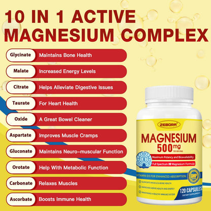 10-in-1 Magnesium Complex Supplement, Magnesium Glycinate 500mg with Citrate & Malate, Chelated High Absorption Plus Vitamin D3 & Zinc - for Nerve, Muscle & Bone Support - 120 Capsules - dailyvitalstore