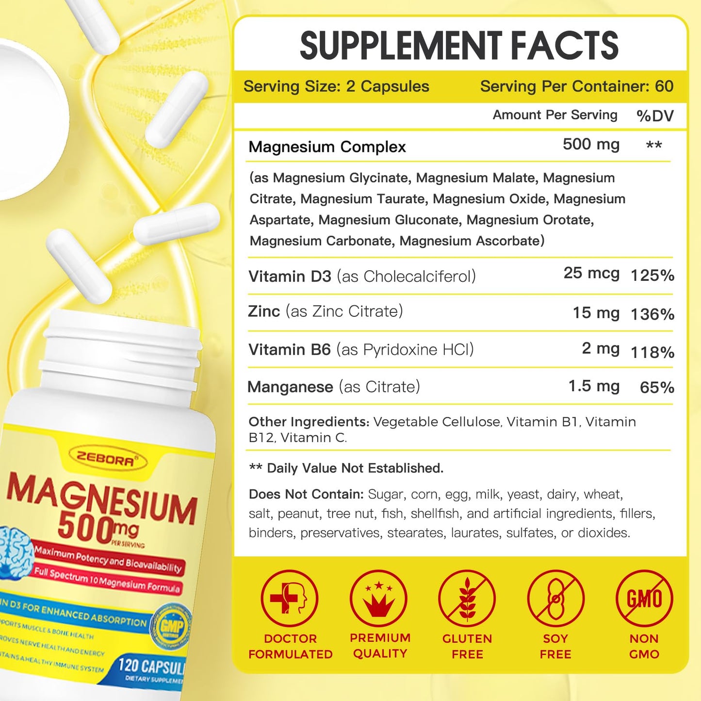 10-in-1 Magnesium Complex Supplement, Magnesium Glycinate 500mg with Citrate & Malate, Chelated High Absorption Plus Vitamin D3 & Zinc - for Nerve, Muscle & Bone Support - 120 Capsules - dailyvitalstore