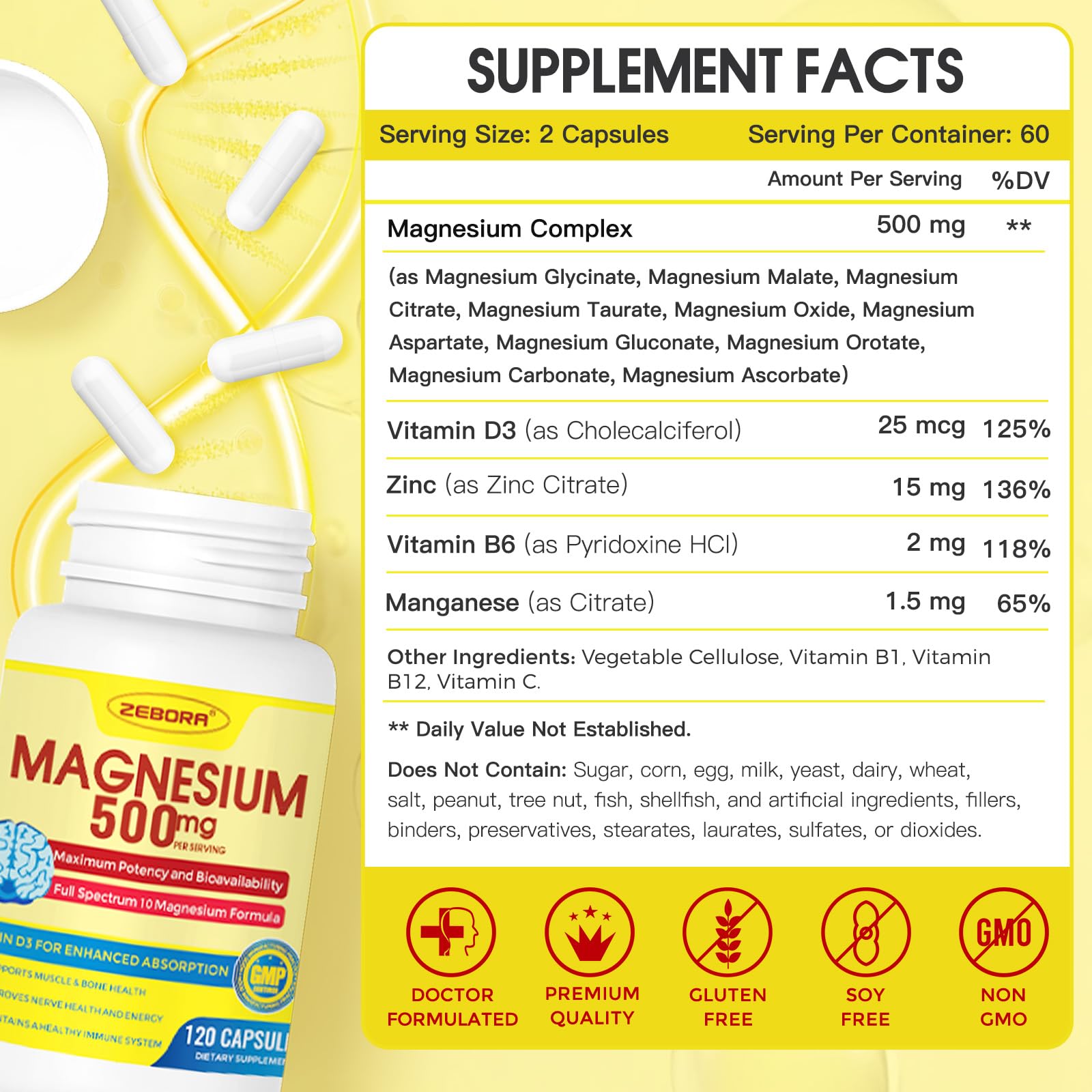 10-in-1 Magnesium Complex Supplement, Magnesium Glycinate 500mg with Citrate & Malate, Chelated High Absorption Plus Vitamin D3 & Zinc - for Nerve, Muscle & Bone Support - 120 Capsules - dailyvitalstore