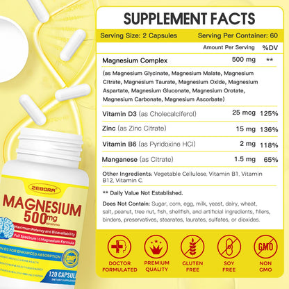 10-in-1 Magnesium Complex Supplement, Magnesium Glycinate 500mg with Citrate & Malate, Chelated High Absorption Plus Vitamin D3 & Zinc - for Nerve, Muscle & Bone Support - 120 Capsules - dailyvitalstore