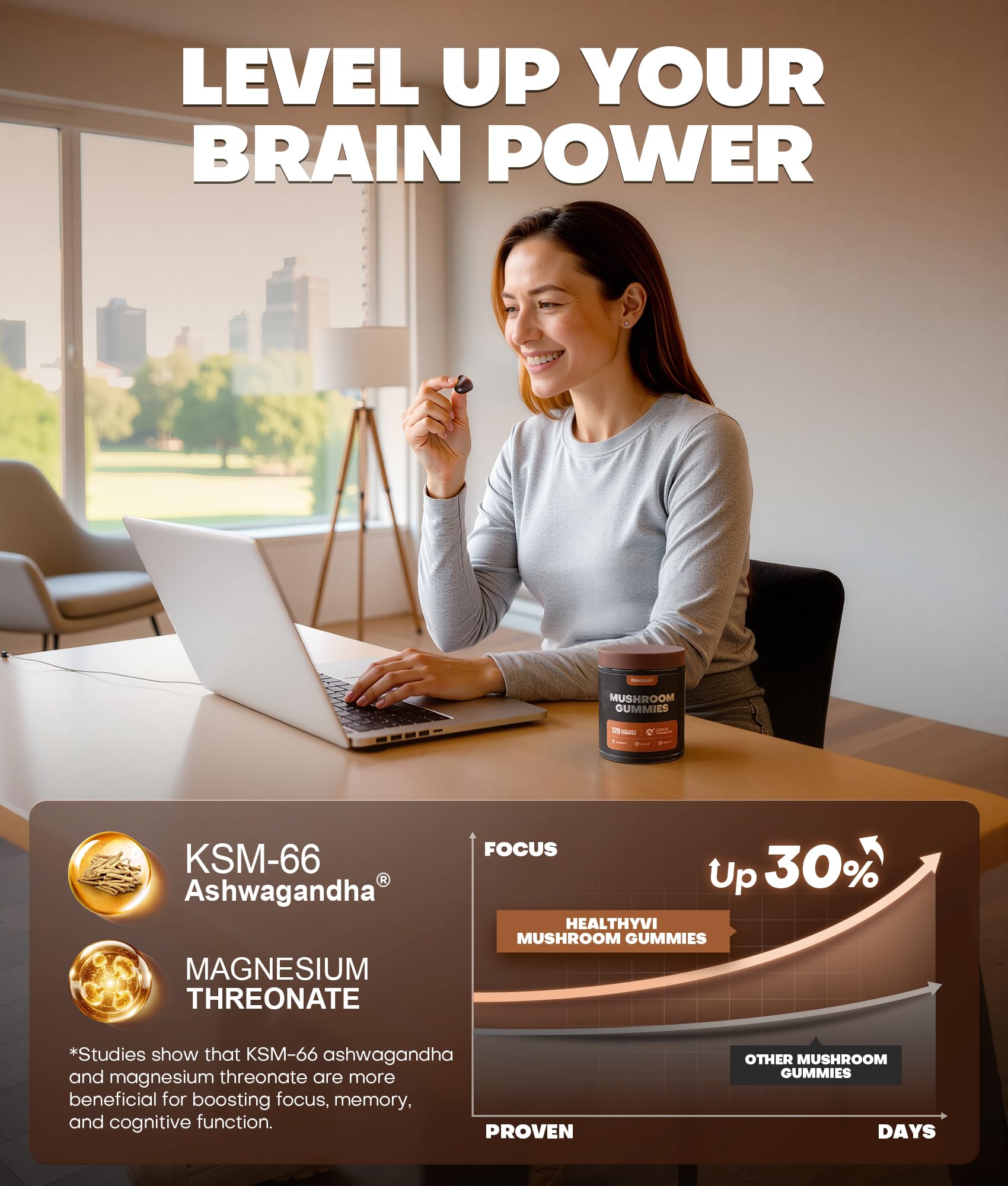 10-In-1 Mushroom Gummies with KSM-66 Ashwagandha & Magnesium Threonate Boosts Focus, Memory & Cognitive, 120 Ct Mushroom Supplement with Vitamin D3 & B12 - dailyvitalstore