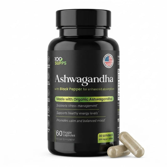 100 Supps Ashwagandha Capsules with Black Pepper Extract 4:1 (10mg), Made with Organic Ashwagandha Powder, 1200mg per Serving, 60 Veggie Capsules - dailyvitalstore