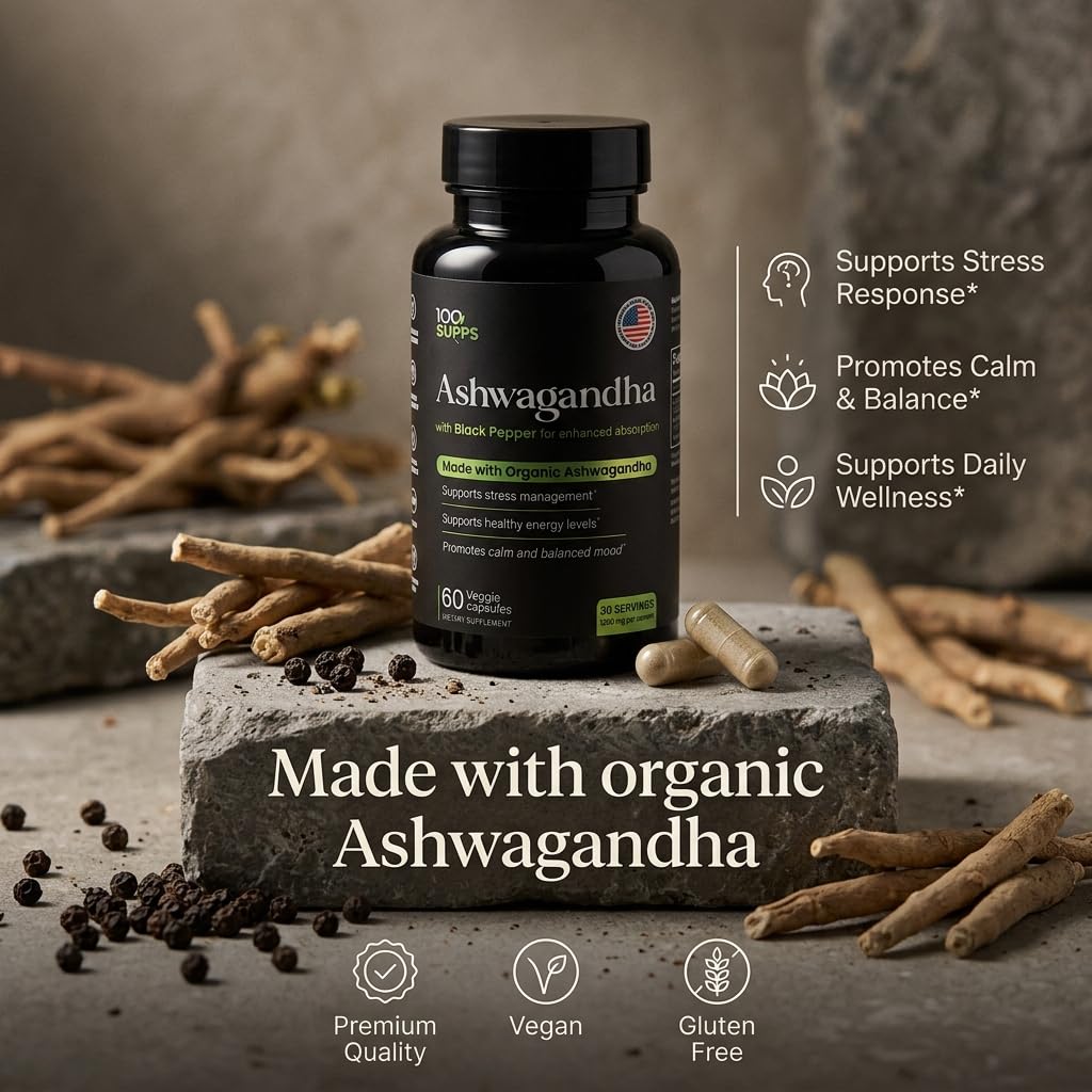 100 Supps Ashwagandha Capsules with Black Pepper Extract 4:1 (10mg), Made with Organic Ashwagandha Powder, 1200mg per Serving, 60 Veggie Capsules - dailyvitalstore