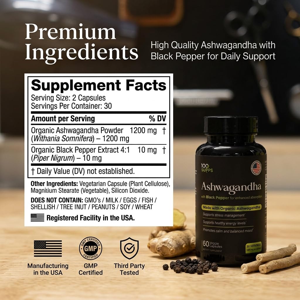 100 Supps Ashwagandha Capsules with Black Pepper Extract 4:1 (10mg), Made with Organic Ashwagandha Powder, 1200mg per Serving, 60 Veggie Capsules - dailyvitalstore