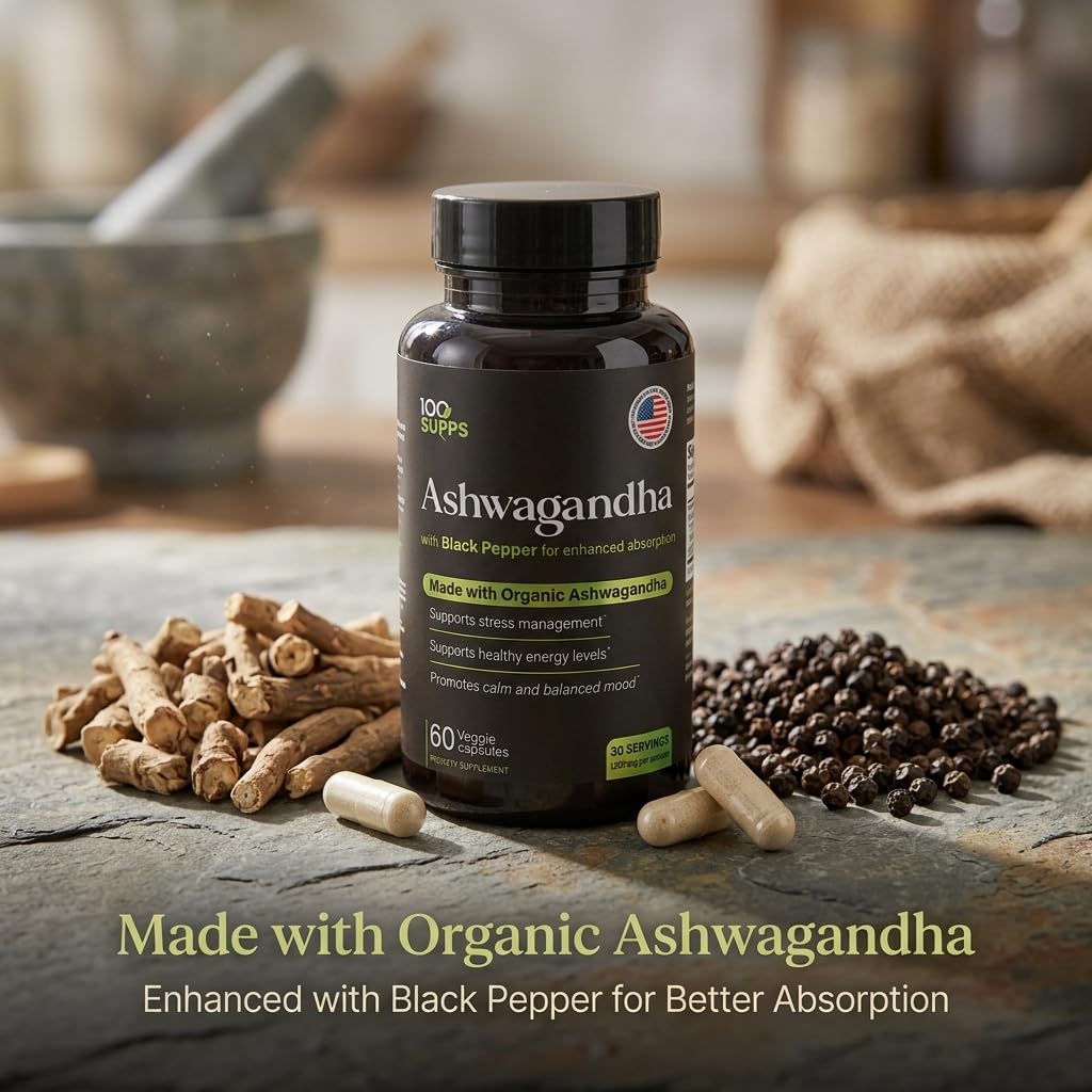 100 Supps Ashwagandha Capsules with Black Pepper Extract 4:1 (10mg), Made with Organic Ashwagandha Powder, 1200mg per Serving, 60 Veggie Capsules - dailyvitalstore