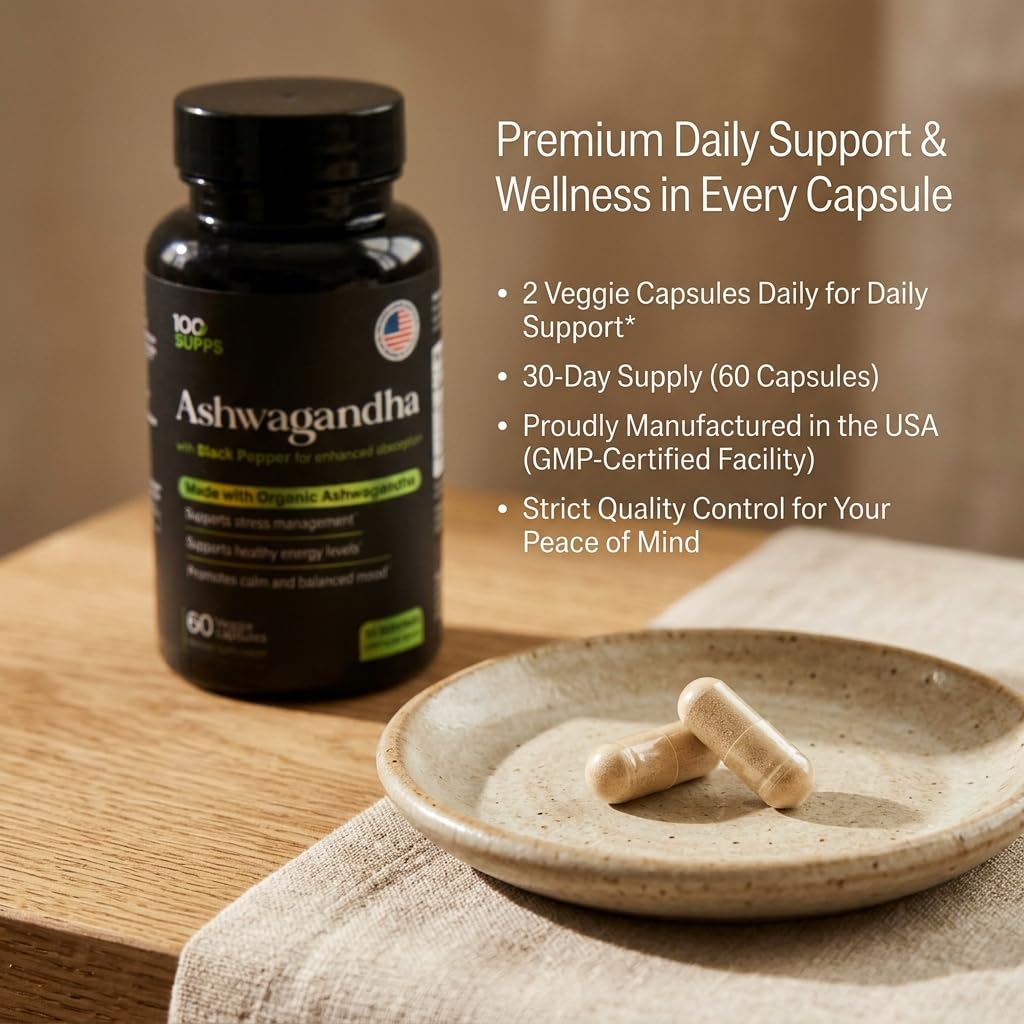 100 Supps Ashwagandha Capsules with Black Pepper Extract 4:1 (10mg), Made with Organic Ashwagandha Powder, 1200mg per Serving, 60 Veggie Capsules - dailyvitalstore