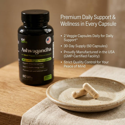 100 Supps Ashwagandha Capsules with Black Pepper Extract 4:1 (10mg), Made with Organic Ashwagandha Powder, 1200mg per Serving, 60 Veggie Capsules - dailyvitalstore