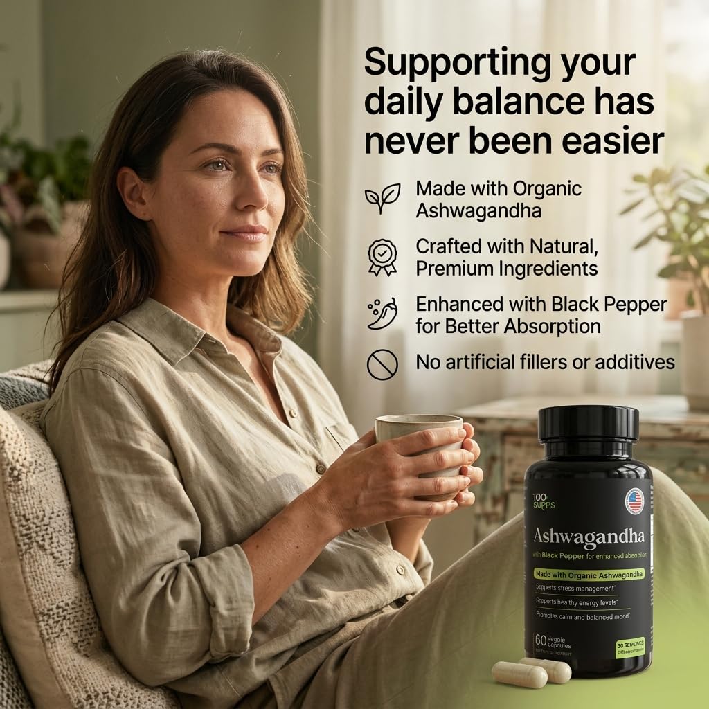 100 Supps Ashwagandha Capsules with Black Pepper Extract 4:1 (10mg), Made with Organic Ashwagandha Powder, 1200mg per Serving, 60 Veggie Capsules - dailyvitalstore