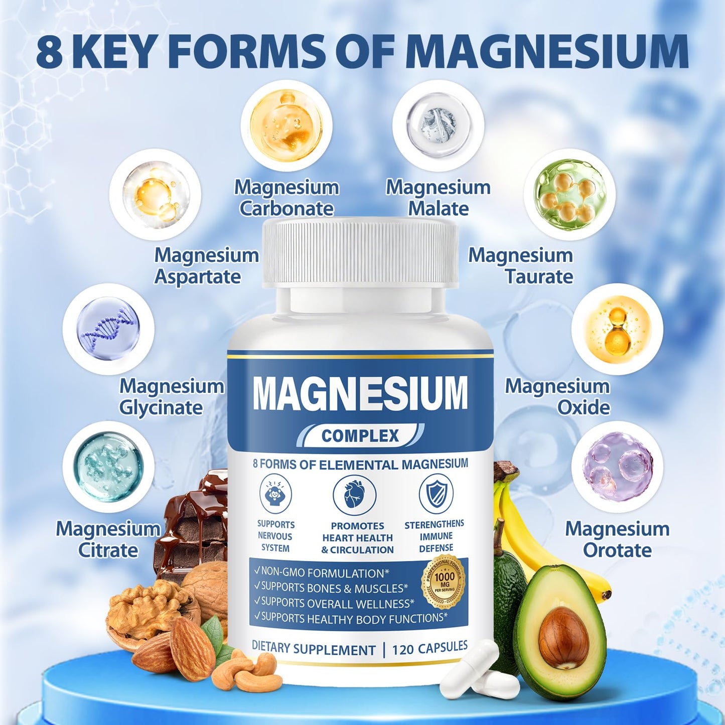 1000mg Magnesium Complex 8 in 1 for Women & Men – Magnesium Glycinate, Citrate, Malate, Taurate, Oxide, Carbonate, Aspartate, Orotate – Vegan Non-GMO, for Sleep, Fatigue & Heart Health, 120 Capsules - dailyvitalstore