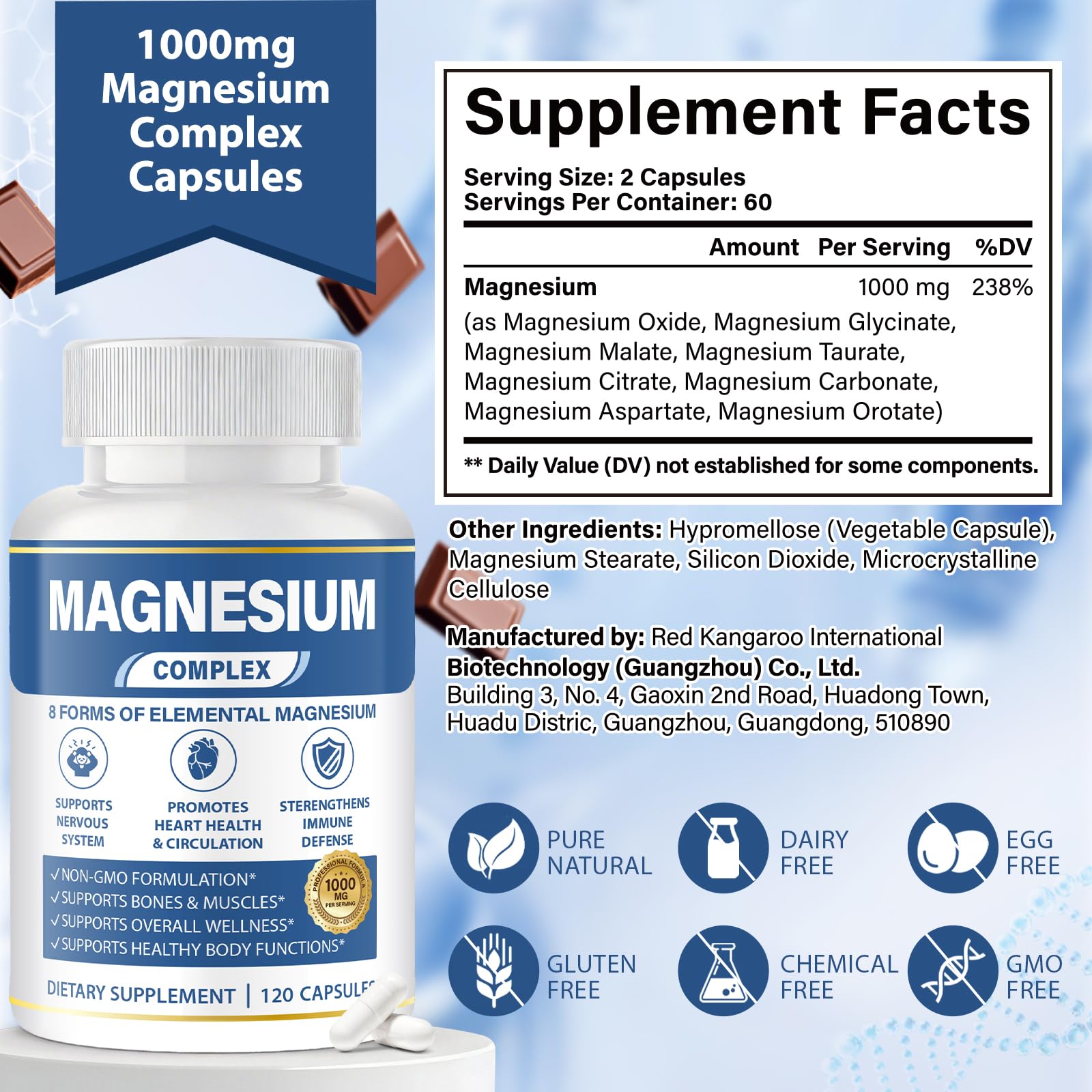 1000mg Magnesium Complex 8 in 1 for Women & Men – Magnesium Glycinate, Citrate, Malate, Taurate, Oxide, Carbonate, Aspartate, Orotate – Vegan Non-GMO, for Sleep, Fatigue & Heart Health, 120 Capsules - dailyvitalstore