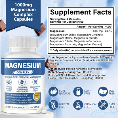 1000mg Magnesium Complex 8 in 1 for Women & Men – Magnesium Glycinate, Citrate, Malate, Taurate, Oxide, Carbonate, Aspartate, Orotate – Vegan Non-GMO, for Sleep, Fatigue & Heart Health, 120 Capsules - dailyvitalstore