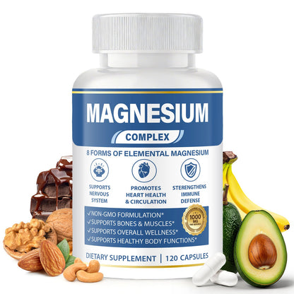 1000mg Magnesium Complex 8 in 1 for Women & Men – Magnesium Glycinate, Citrate, Malate, Taurate, Oxide, Carbonate, Aspartate, Orotate – Vegan Non-GMO, for Sleep, Fatigue & Heart Health, 120 Capsules - dailyvitalstore