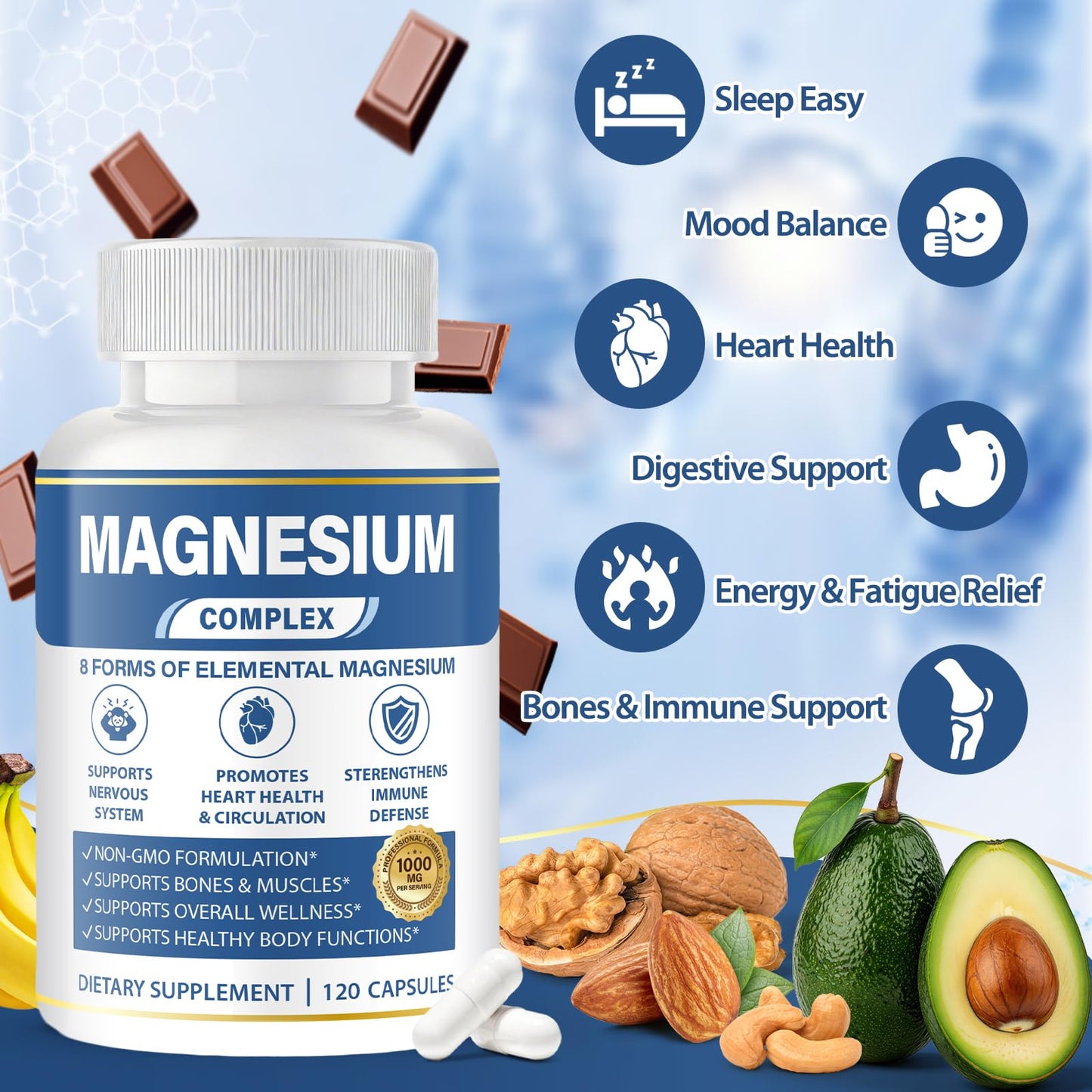 1000mg Magnesium Complex 8 in 1 for Women & Men – Magnesium Glycinate, Citrate, Malate, Taurate, Oxide, Carbonate, Aspartate, Orotate – Vegan Non-GMO, for Sleep, Fatigue & Heart Health, 120 Capsules - dailyvitalstore