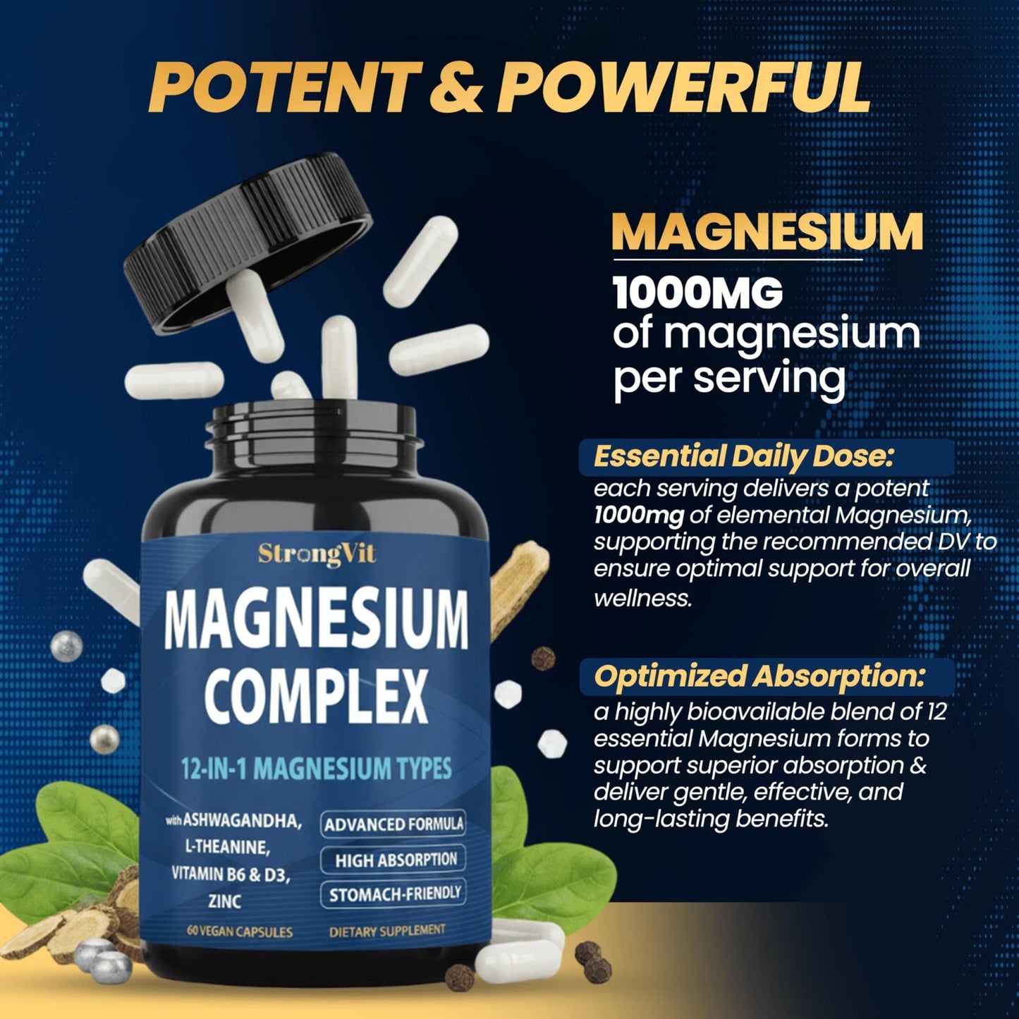 1000mg Magnesium Complex for Women and Men, 12 in 1 Magnesium Supplement with Ashwagandha, Zinc, D3, L-theanine. Easy to Swallow, High Absorption, Sleep Support & Stress Relief (60 Capsules) - dailyvitalstore