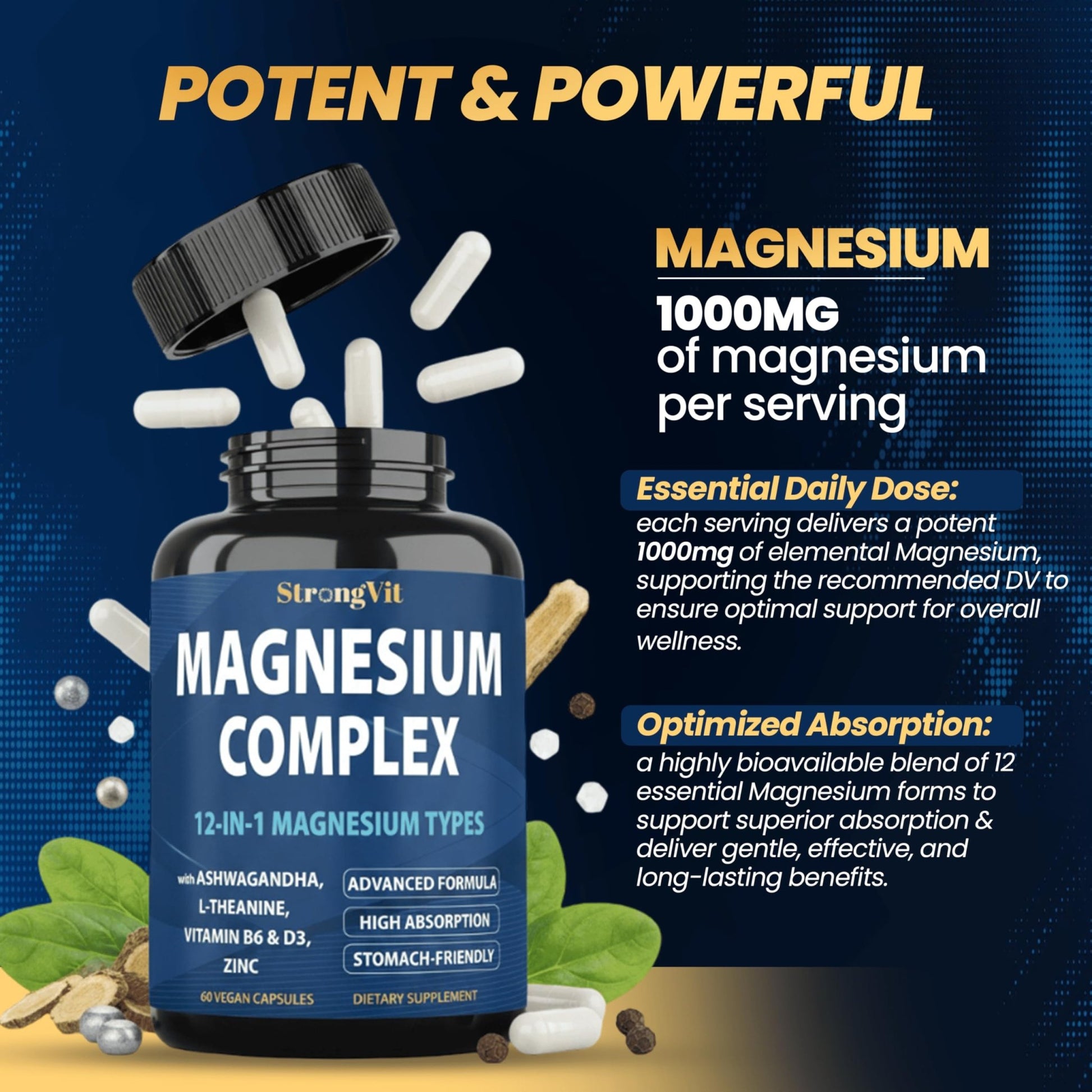 1000mg Magnesium Complex for Women and Men, 12 in 1 Magnesium Supplement with Ashwagandha, Zinc, D3, L-theanine. Easy to Swallow, High Absorption, Sleep Support & Stress Relief (60 Capsules) - dailyvitalstore