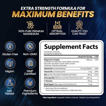 1000mg Magnesium Complex for Women and Men, 12 in 1 Magnesium Supplement with Ashwagandha, Zinc, D3, L-theanine. Easy to Swallow, High Absorption, Sleep Support & Stress Relief (60 Capsules) - dailyvitalstore