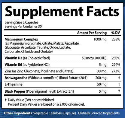 1000mg Magnesium Complex for Women and Men, 12 in 1 Magnesium Supplement with Ashwagandha, Zinc, D3, L-theanine. Easy to Swallow, High Absorption, Sleep Support & Stress Relief (60 Capsules) - dailyvitalstore