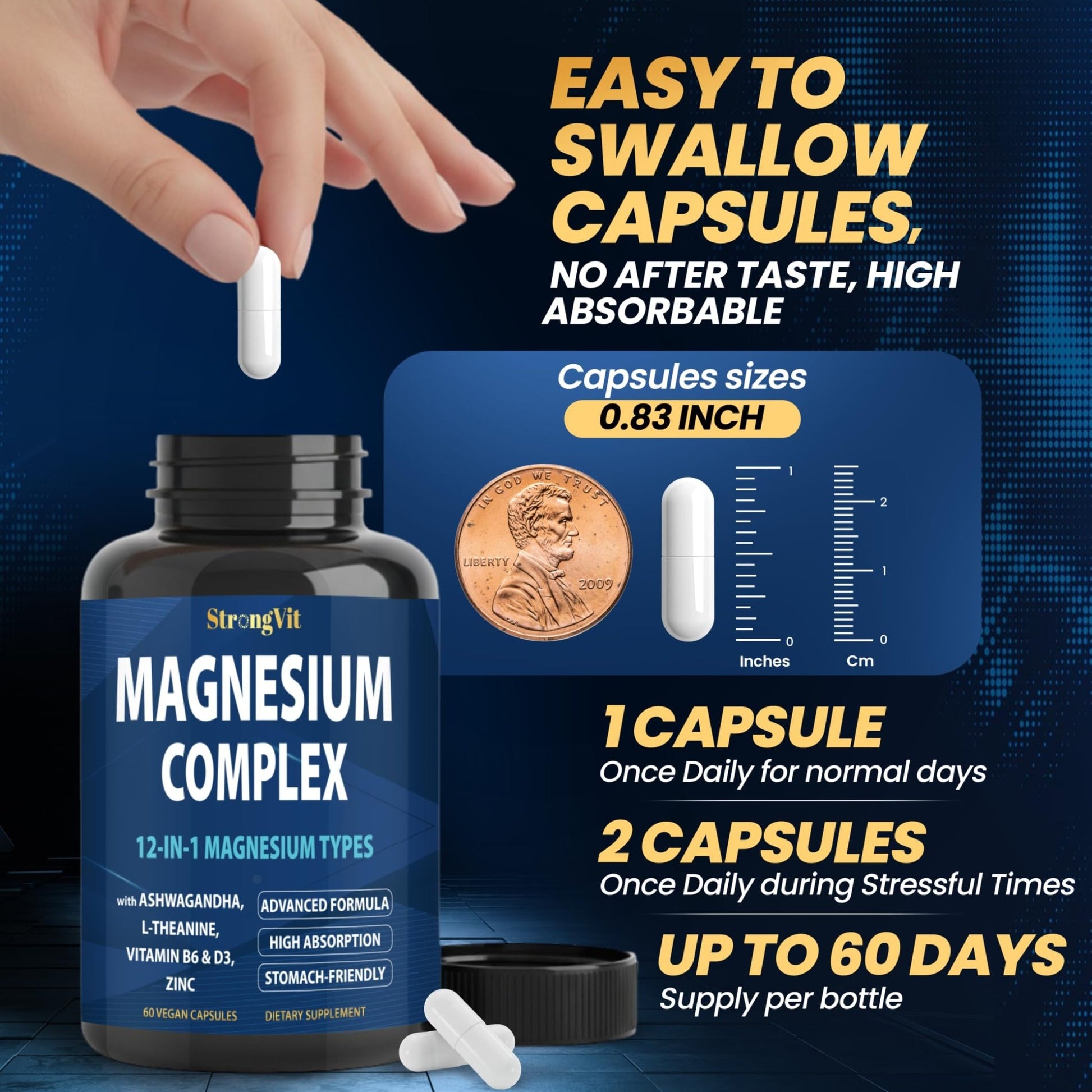 1000mg Magnesium Complex for Women and Men, 12 in 1 Magnesium Supplement with Ashwagandha, Zinc, D3, L-theanine. Easy to Swallow, High Absorption, Sleep Support & Stress Relief (60 Capsules) - dailyvitalstore