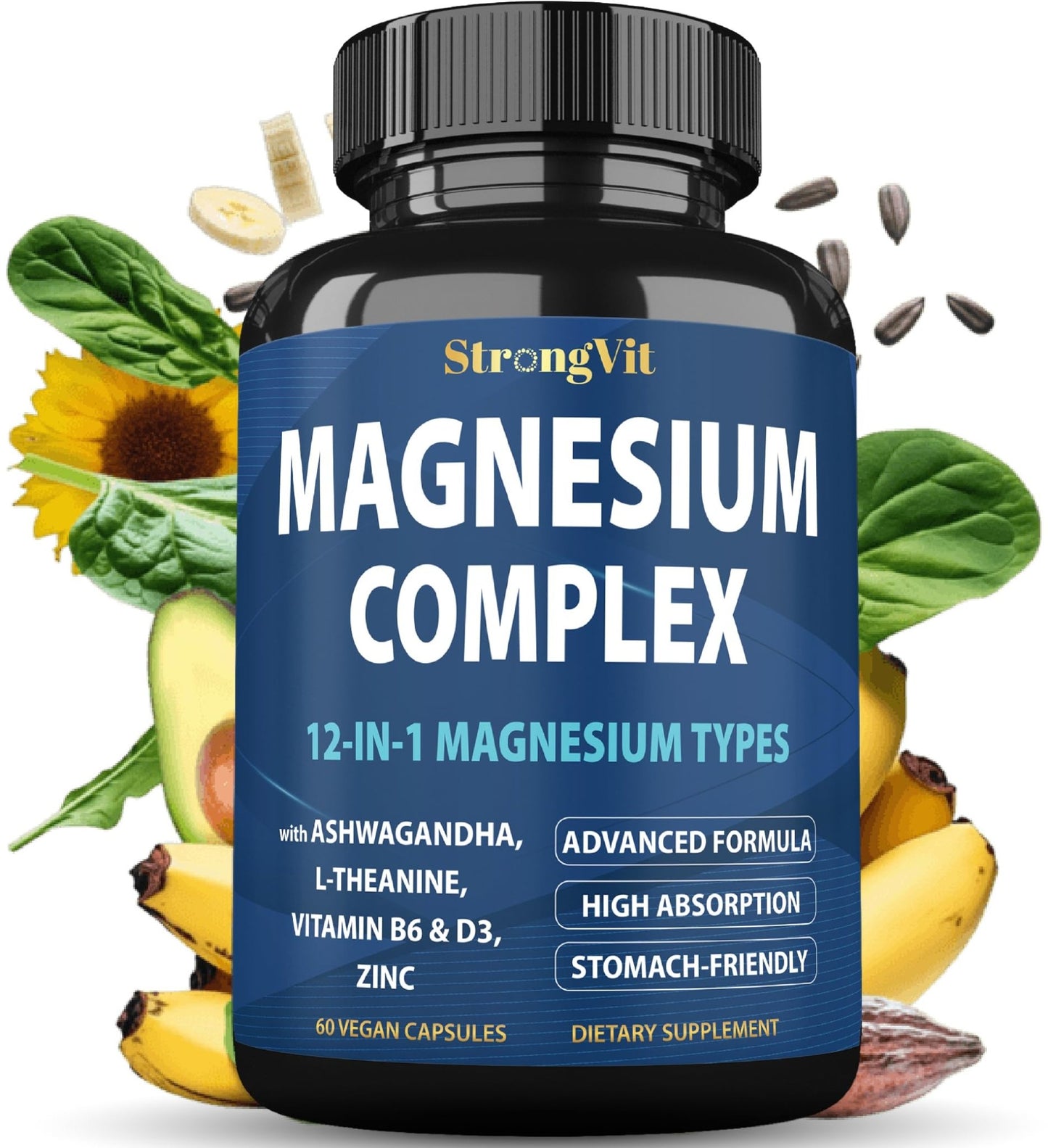 1000mg Magnesium Complex for Women and Men, 12 in 1 Magnesium Supplement with Ashwagandha, Zinc, D3, L-theanine. Easy to Swallow, High Absorption, Sleep Support & Stress Relief (60 Capsules) - dailyvitalstore