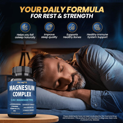 1000mg Magnesium Complex for Women and Men, 12 in 1 Magnesium Supplement with Ashwagandha, Zinc, D3, L-theanine. Easy to Swallow, High Absorption, Sleep Support & Stress Relief (60 Capsules) - dailyvitalstore