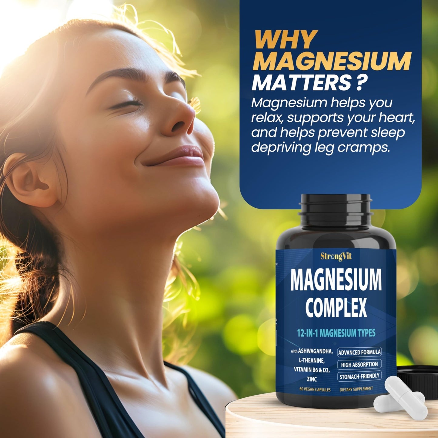 1000mg Magnesium Complex for Women and Men, 12 in 1 Magnesium Supplement with Ashwagandha, Zinc, D3, L-theanine. Easy to Swallow, High Absorption, Sleep Support & Stress Relief (60 Capsules) - dailyvitalstore