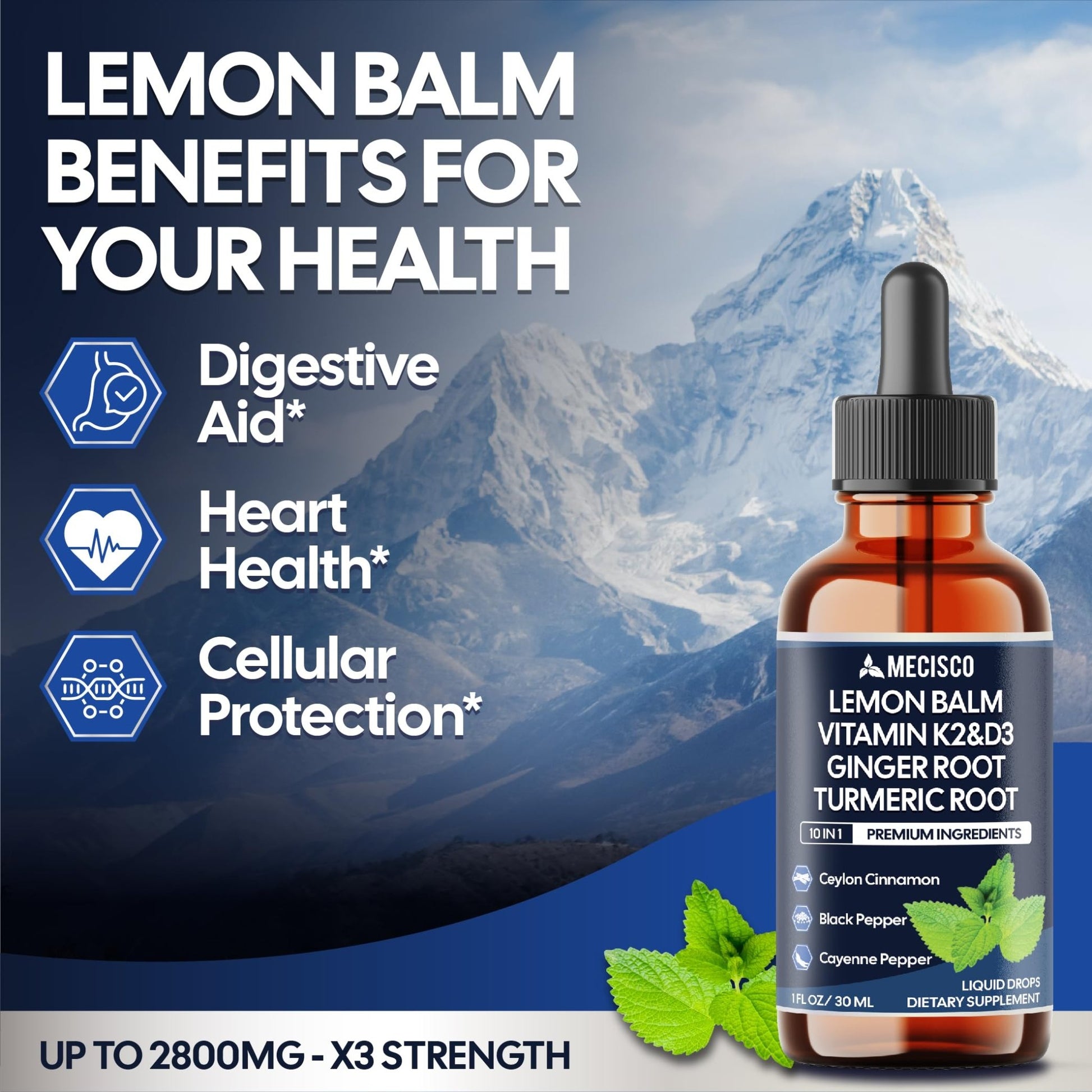 10in1 Lemon Balm Liquid Drops Blend Includes Vitamin D3, Vitamin K2, Lemon Balm, Ginger, Turmeric, Ceylon Cinnamon, Black Pepper, Cayenne Pepper, Berberine, Valerian Root - 1 FL Oz - 2 Month Supply - dailyvitalstore