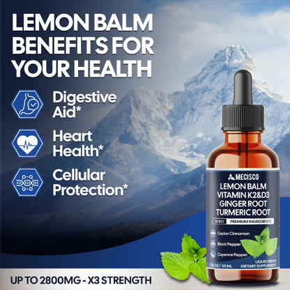 10in1 Lemon Balm Liquid Drops Blend Includes Vitamin D3, Vitamin K2, Lemon Balm, Ginger, Turmeric, Ceylon Cinnamon, Black Pepper, Cayenne Pepper, Berberine, Valerian Root - 1 FL Oz - 2 Month Supply - dailyvitalstore