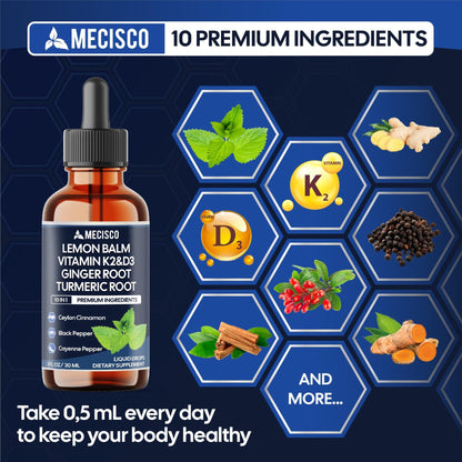 10in1 Lemon Balm Liquid Drops Blend Includes Vitamin D3, Vitamin K2, Lemon Balm, Ginger, Turmeric, Ceylon Cinnamon, Black Pepper, Cayenne Pepper, Berberine, Valerian Root - 1 FL Oz - 2 Month Supply - dailyvitalstore