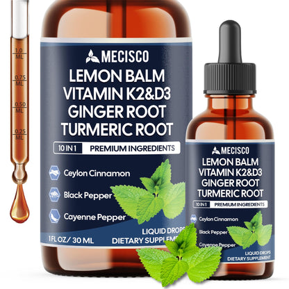 10in1 Lemon Balm Liquid Drops Blend Includes Vitamin D3, Vitamin K2, Lemon Balm, Ginger, Turmeric, Ceylon Cinnamon, Black Pepper, Cayenne Pepper, Berberine, Valerian Root - 1 FL Oz - 2 Month Supply - dailyvitalstore