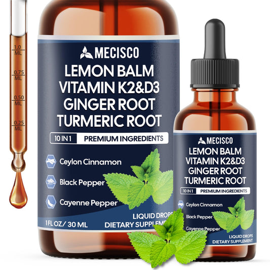 10in1 Lemon Balm Liquid Drops Blend Includes Vitamin D3, Vitamin K2, Lemon Balm, Ginger, Turmeric, Ceylon Cinnamon, Black Pepper, Cayenne Pepper, Berberine, Valerian Root - 1 FL Oz - 2 Month Supply - dailyvitalstore