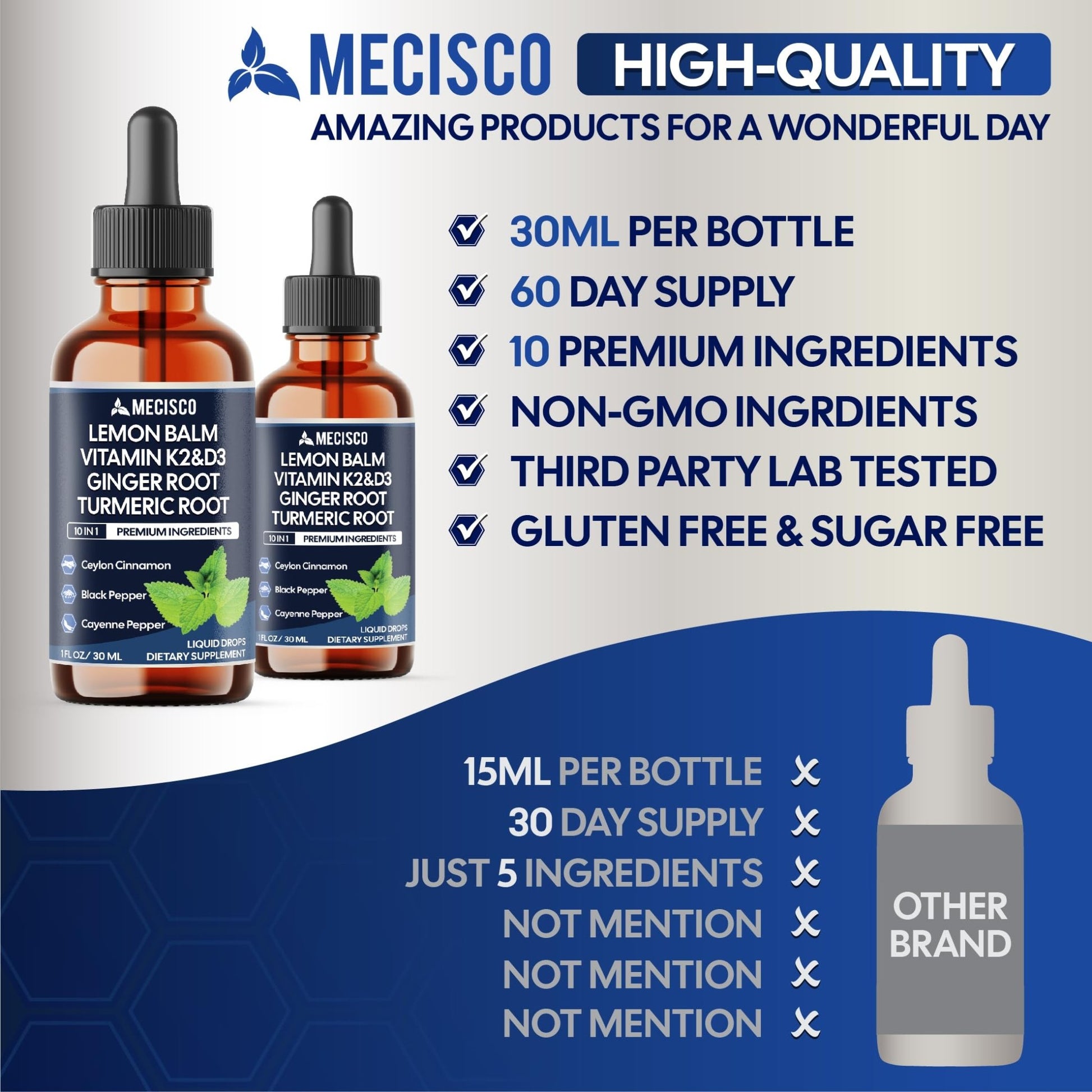 10in1 Lemon Balm Liquid Drops Blend Includes Vitamin D3, Vitamin K2, Lemon Balm, Ginger, Turmeric, Ceylon Cinnamon, Black Pepper, Cayenne Pepper, Berberine, Valerian Root - 1 FL Oz - 2 Month Supply - dailyvitalstore