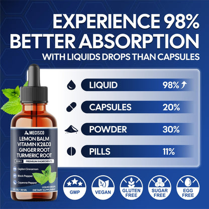 10in1 Lemon Balm Liquid Drops Blend Includes Vitamin D3, Vitamin K2, Lemon Balm, Ginger, Turmeric, Ceylon Cinnamon, Black Pepper, Cayenne Pepper, Berberine, Valerian Root - 1 FL Oz - 2 Month Supply - dailyvitalstore