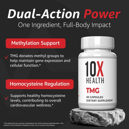 10X Health TMG Supplements - Trimethylglycine Supplement for Liver Support, Heart Wellness, Energy, Homocysteine Levels - TMG Capsules with Betaine Anhydrous - dailyvitalstore
