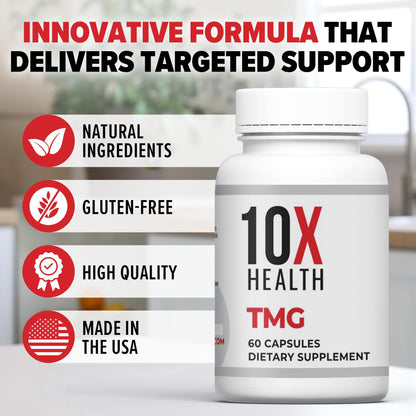 10X Health TMG Supplements - Trimethylglycine Supplement for Liver Support, Heart Wellness, Energy, Homocysteine Levels - TMG Capsules with Betaine Anhydrous - dailyvitalstore