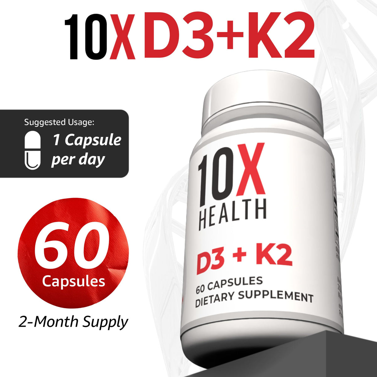 10X Health Vitamin D3 5000 IU & K2 MK7 - Menaquinone 7, High-Potency D3 K2 Vitamin Supplement for Bone Health, Heart and Teeth - 125 mcg Vitamin D & 90 mcg Vitamin K2-60 Capsules - dailyvitalstore