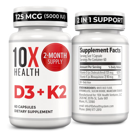 10X Health Vitamin D3 5000 IU & K2 MK7 - Menaquinone 7, High-Potency D3 K2 Vitamin Supplement for Bone Health, Heart and Teeth - 125 mcg Vitamin D & 90 mcg Vitamin K2-60 Capsules - dailyvitalstore