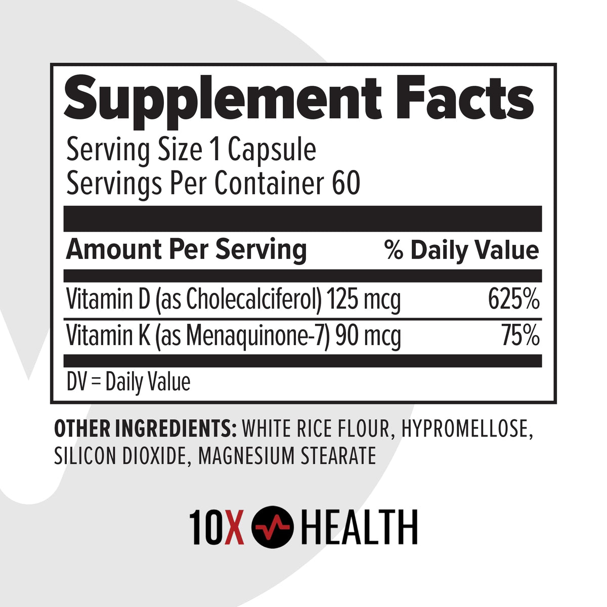 10X Health Vitamin D3 5000 IU & K2 MK7 - Menaquinone 7, High-Potency D3 K2 Vitamin Supplement for Bone Health, Heart and Teeth - 125 mcg Vitamin D & 90 mcg Vitamin K2-60 Capsules - dailyvitalstore