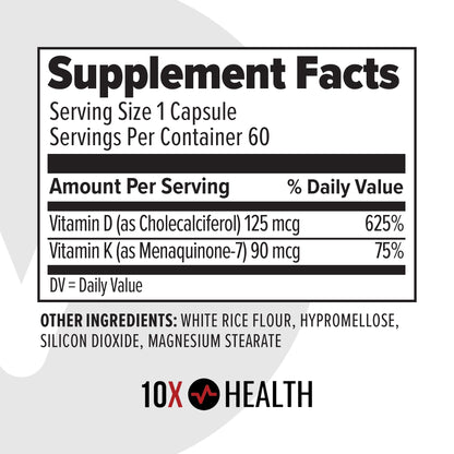 10X Health Vitamin D3 5000 IU & K2 MK7 - Menaquinone 7, High-Potency D3 K2 Vitamin Supplement for Bone Health, Heart and Teeth - 125 mcg Vitamin D & 90 mcg Vitamin K2-60 Capsules - dailyvitalstore
