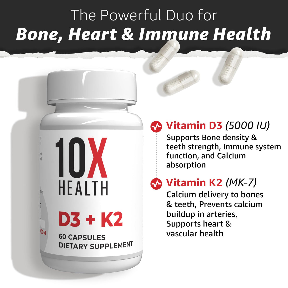 10X Health Vitamin D3 5000 IU & K2 MK7 - Menaquinone 7, High-Potency D3 K2 Vitamin Supplement for Bone Health, Heart and Teeth - 125 mcg Vitamin D & 90 mcg Vitamin K2-60 Capsules - dailyvitalstore