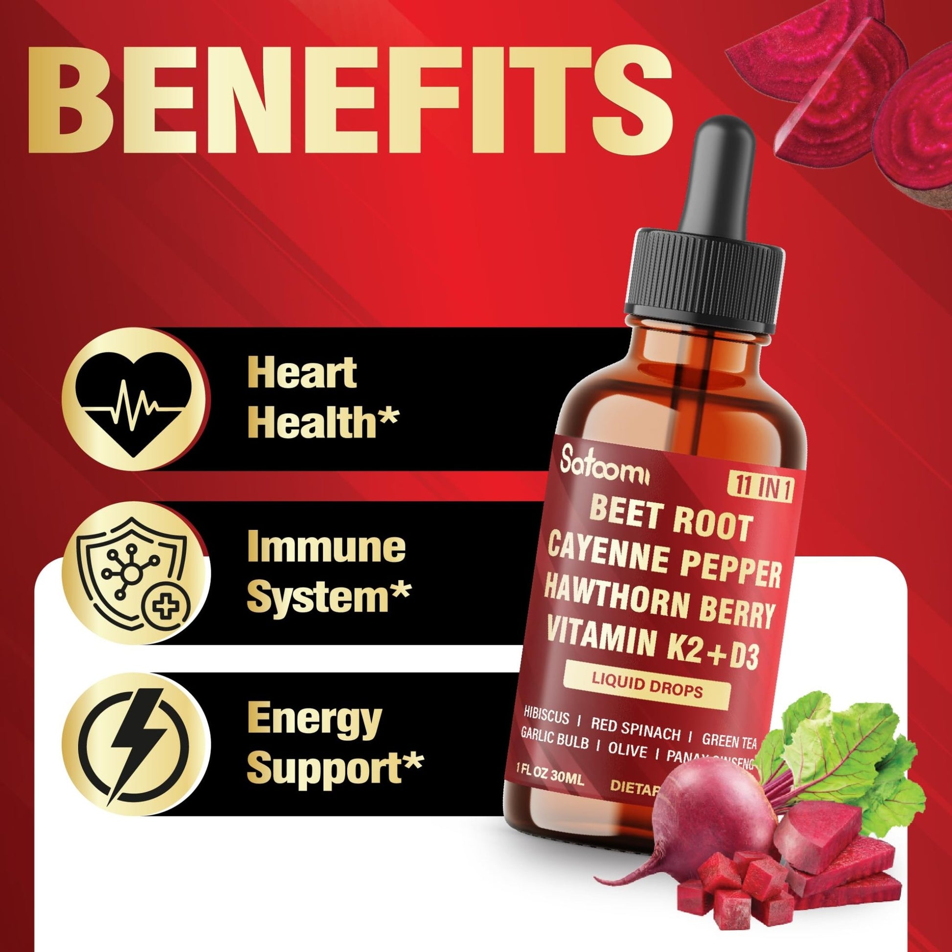 11in1 Beet Root Liquid Drops Supplement with Formula with D3, K2, Hawthorn, Red Spinach, Garlic & Green Tea and More - Supports Immune & Vitality - 1 FL Oz - for 60 Days - dailyvitalstore