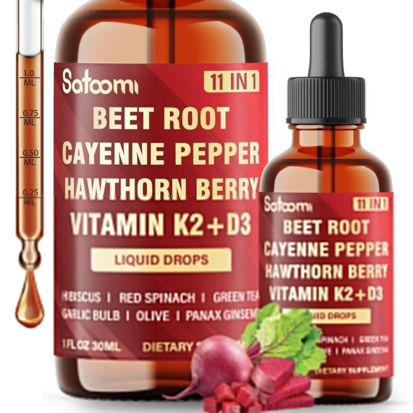 11in1 Beet Root Liquid Drops Supplement with Formula with D3, K2, Hawthorn, Red Spinach, Garlic & Green Tea and More - Supports Immune & Vitality - 1 FL Oz - for 60 Days - dailyvitalstore