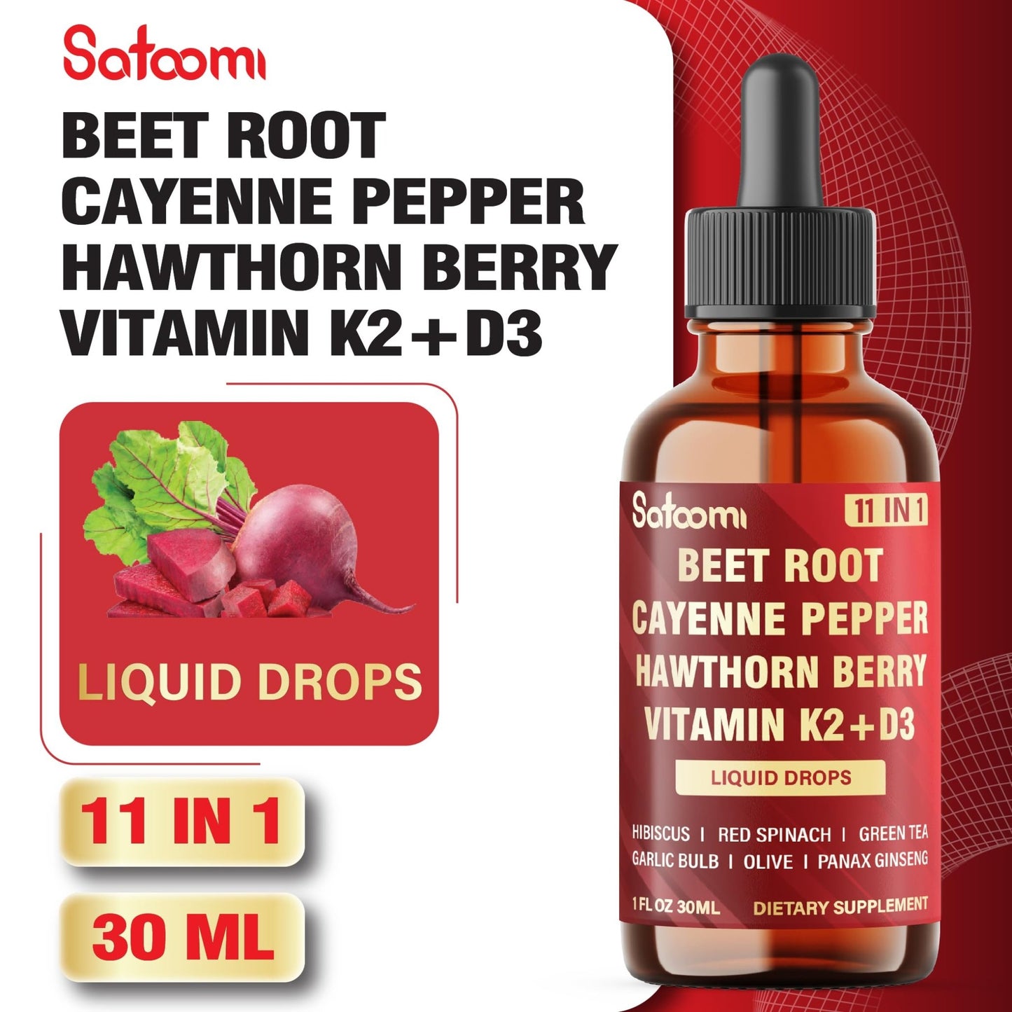 11in1 Beet Root Liquid Drops Supplement with Formula with D3, K2, Hawthorn, Red Spinach, Garlic & Green Tea and More - Supports Immune & Vitality - 1 FL Oz - for 60 Days - dailyvitalstore