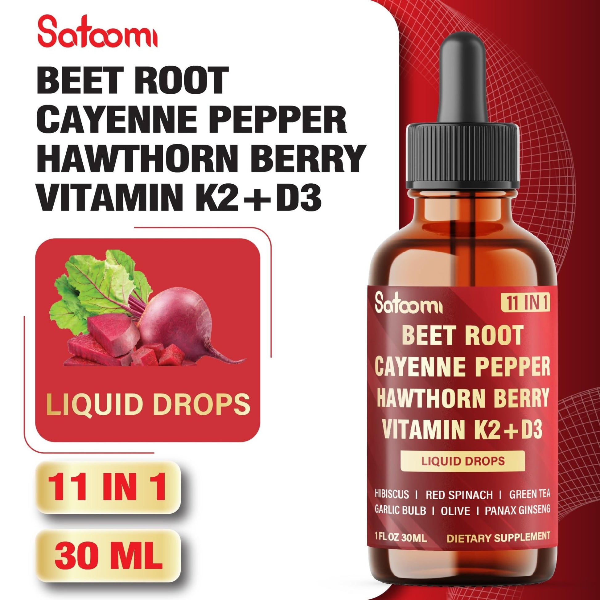 11in1 Beet Root Liquid Drops Supplement with Formula with D3, K2, Hawthorn, Red Spinach, Garlic & Green Tea and More - Supports Immune & Vitality - 1 FL Oz - for 60 Days - dailyvitalstore
