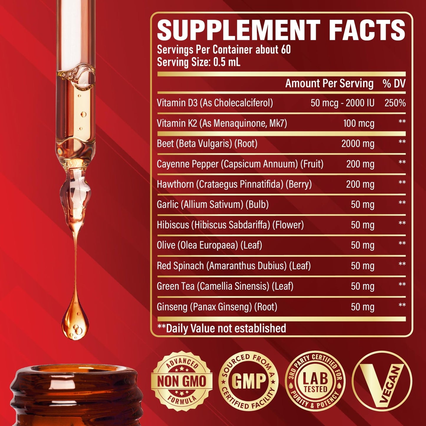 11in1 Beet Root Liquid Drops Supplement with Formula with D3, K2, Hawthorn, Red Spinach, Garlic & Green Tea and More - Supports Immune & Vitality - 1 FL Oz - for 60 Days - dailyvitalstore