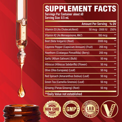 11in1 Beet Root Liquid Drops Supplement with Formula with D3, K2, Hawthorn, Red Spinach, Garlic & Green Tea and More - Supports Immune & Vitality - 1 FL Oz - for 60 Days - dailyvitalstore
