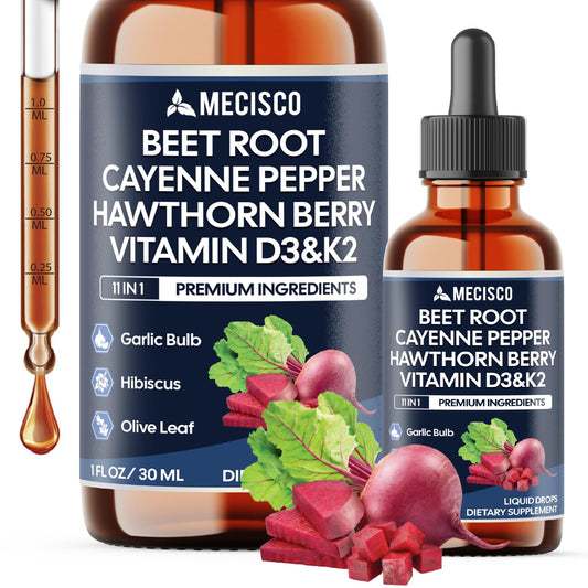 11in1 Beet Root Liquid Drops - Support Overall Wellness - with Vitamin D3, Vitamin K2, Hawthorn Berry, Cayenne Pepper, Garlic, Hibiscus, Olive, Red Spinach, Green Tea - 1 FL Oz - 60 Day Supply - dailyvitalstore