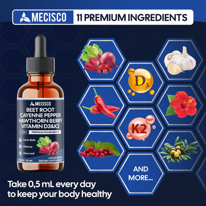 11in1 Beet Root Liquid Drops - Support Overall Wellness - with Vitamin D3, Vitamin K2, Hawthorn Berry, Cayenne Pepper, Garlic, Hibiscus, Olive, Red Spinach, Green Tea - 1 FL Oz - 60 Day Supply - dailyvitalstore