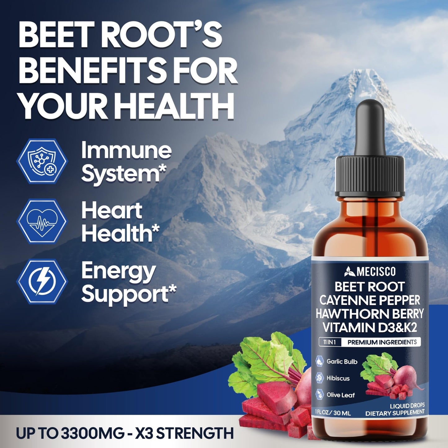 11in1 Beet Root Liquid Drops - Support Overall Wellness - with Vitamin D3, Vitamin K2, Hawthorn Berry, Cayenne Pepper, Garlic, Hibiscus, Olive, Red Spinach, Green Tea - 1 FL Oz - 60 Day Supply - dailyvitalstore
